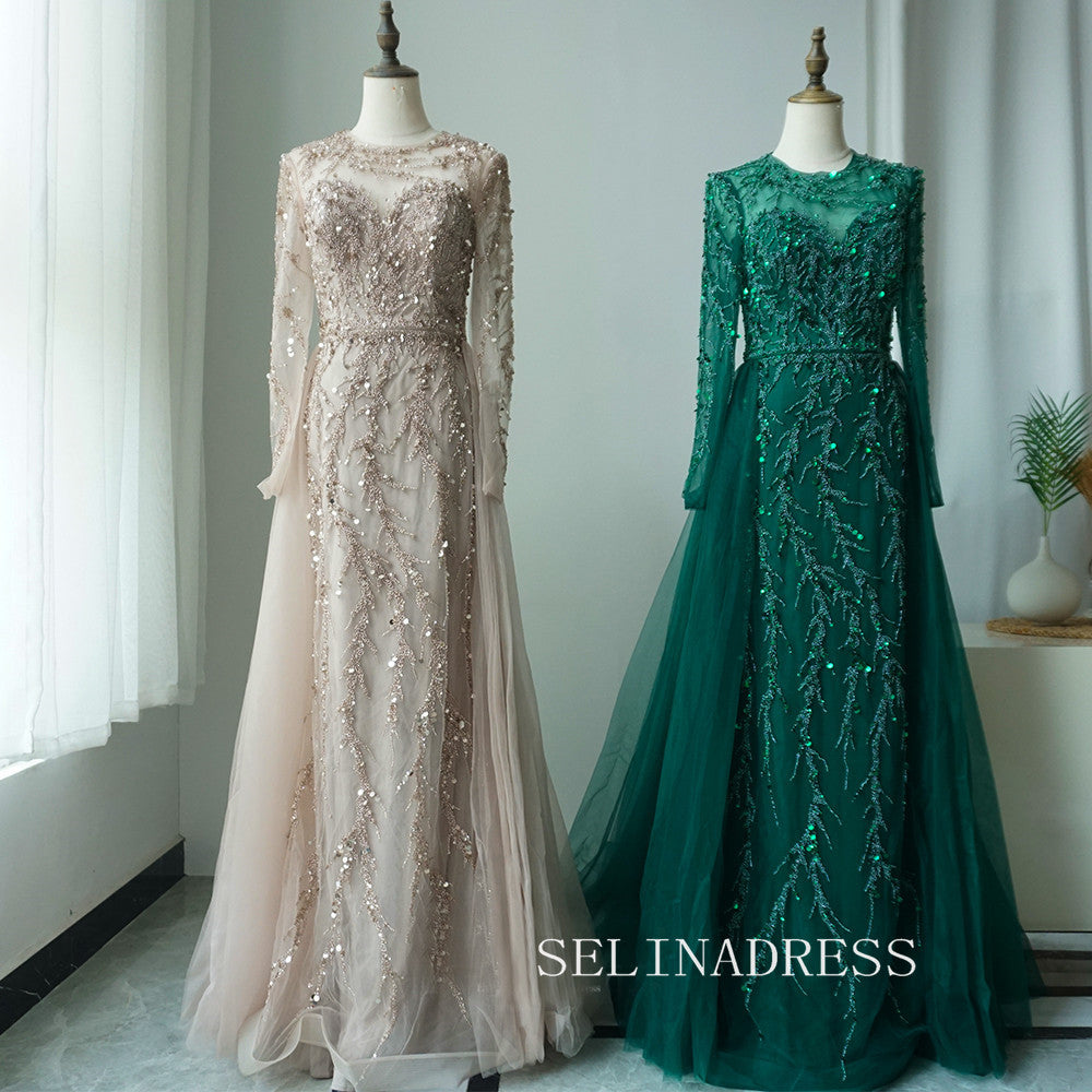 Luxurious Green Arabic Long Sleeves Beaded Long Formal Evening Dress With Skirt ALI0013|Selinadress