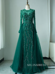 Luxurious Green Arabic Long Sleeves Beaded Long Formal Evening Dress With Skirt ALI0013|Selinadress