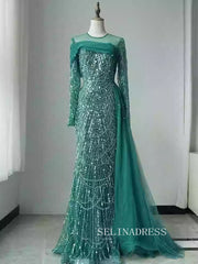 Luxurious Green Arabic Long Sleeves Beaded Long Formal Evening Dress With Skirt ALI0014|Selinadress