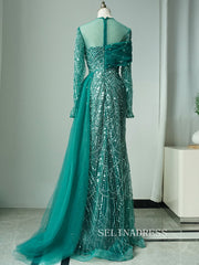 Luxurious Green Arabic Long Sleeves Beaded Long Formal Evening Dress With Skirt ALI0014