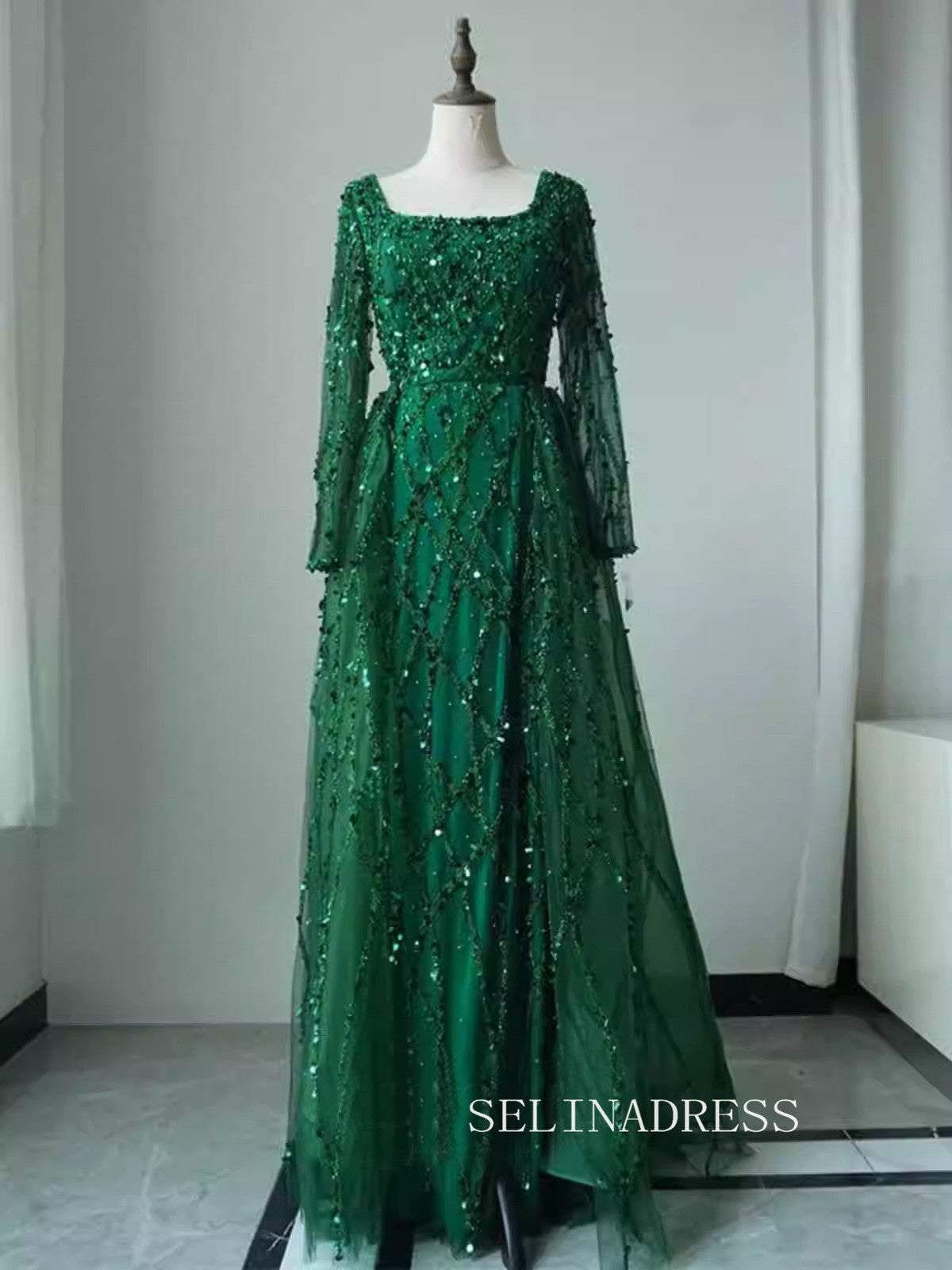 Luxurious Green Square Neck Arabic Long Sleeves Beaded Long Formal Evening Dress With Skirt ALI0015|Selinadress