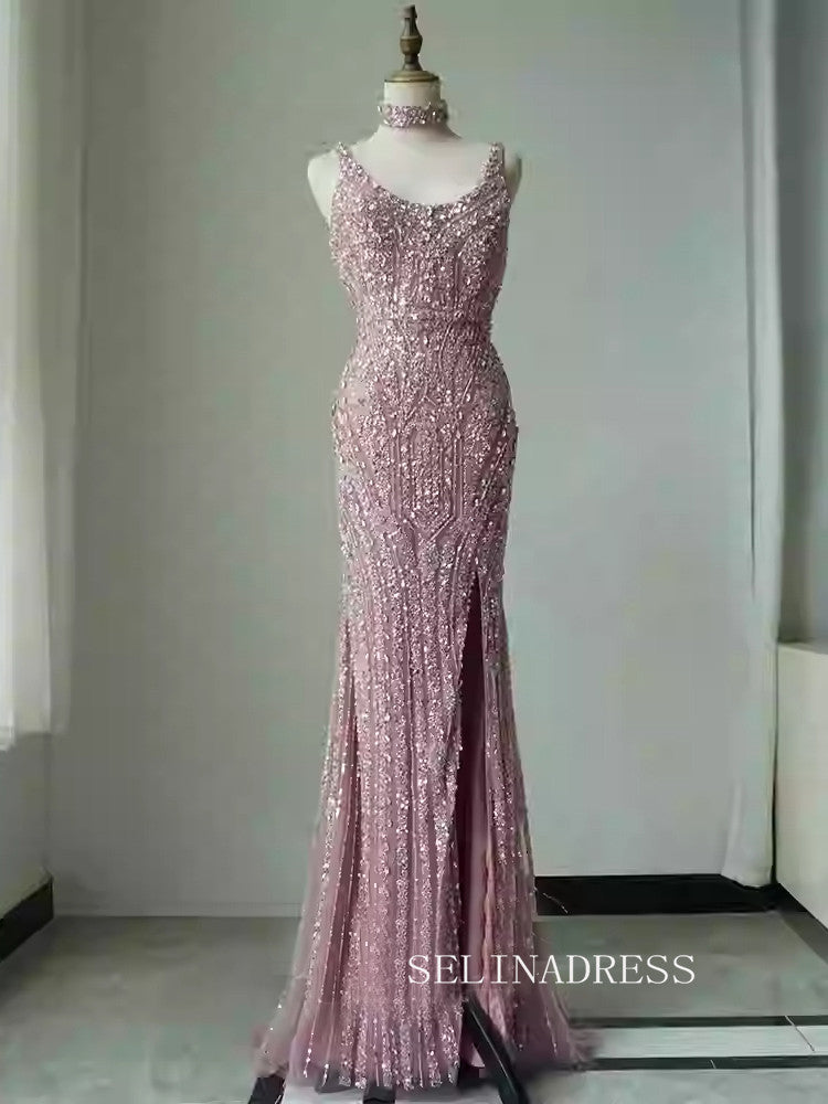 Luxurious Square Embroidered Beaded Long Formal Evening Dress with Slit ALI010|Selinadress