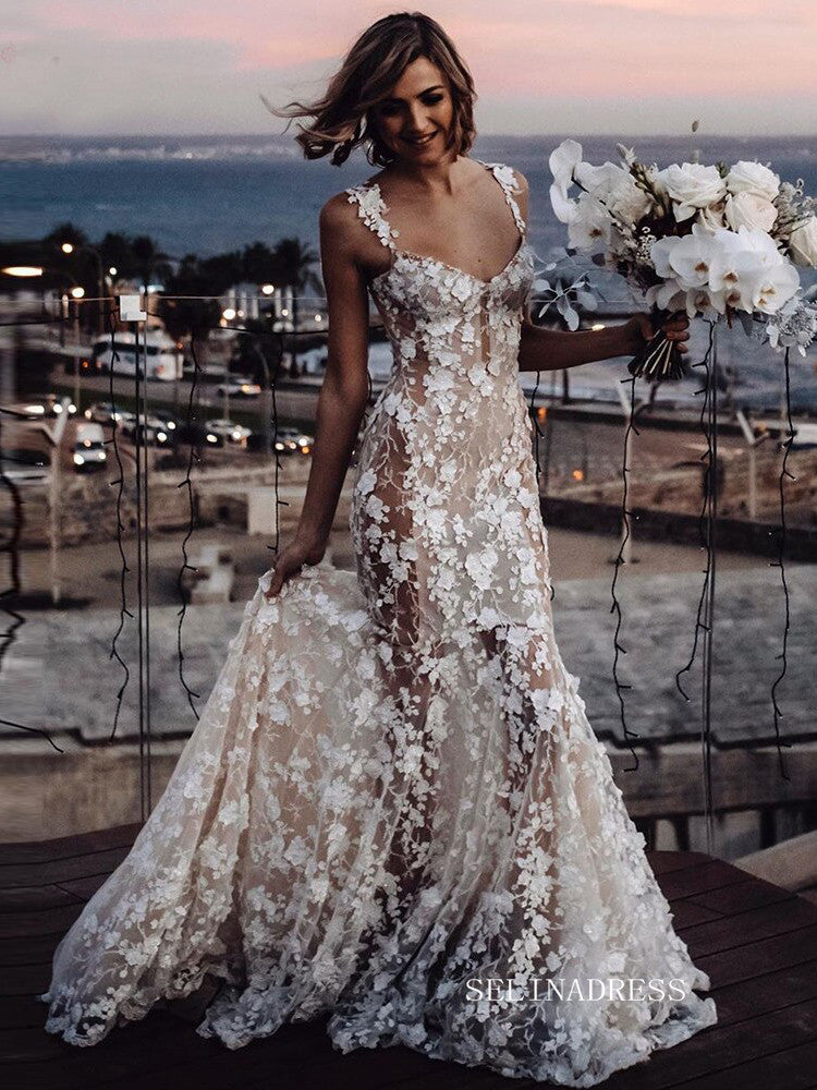 Luxury 3D Lace Sweetheart Mermaid Wedding Dress Rustic Wedding Gowns Boho Flowers Bridal Dress ASK005|Selinadress