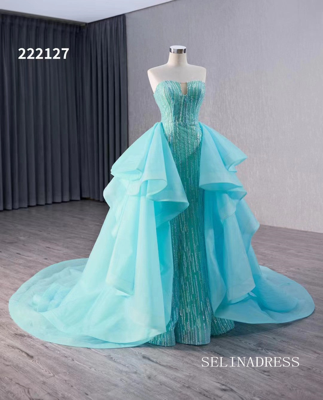 luxury Aqua Blue Beaded Wedding Dresses With Overskirt Strapless Formal Gown 222127|Selinadress