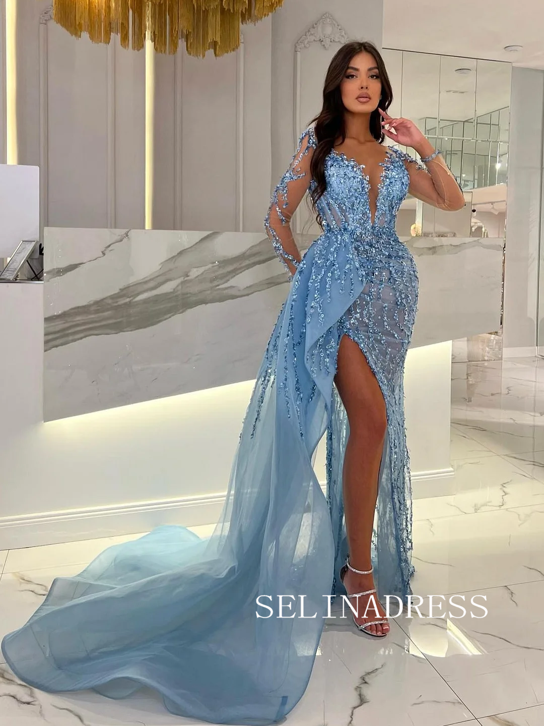 Luxury Beaded Light Sky Blue Evening Dresses Long Sleeve Thigh Split Formal  Dress TKH006|Selinadress