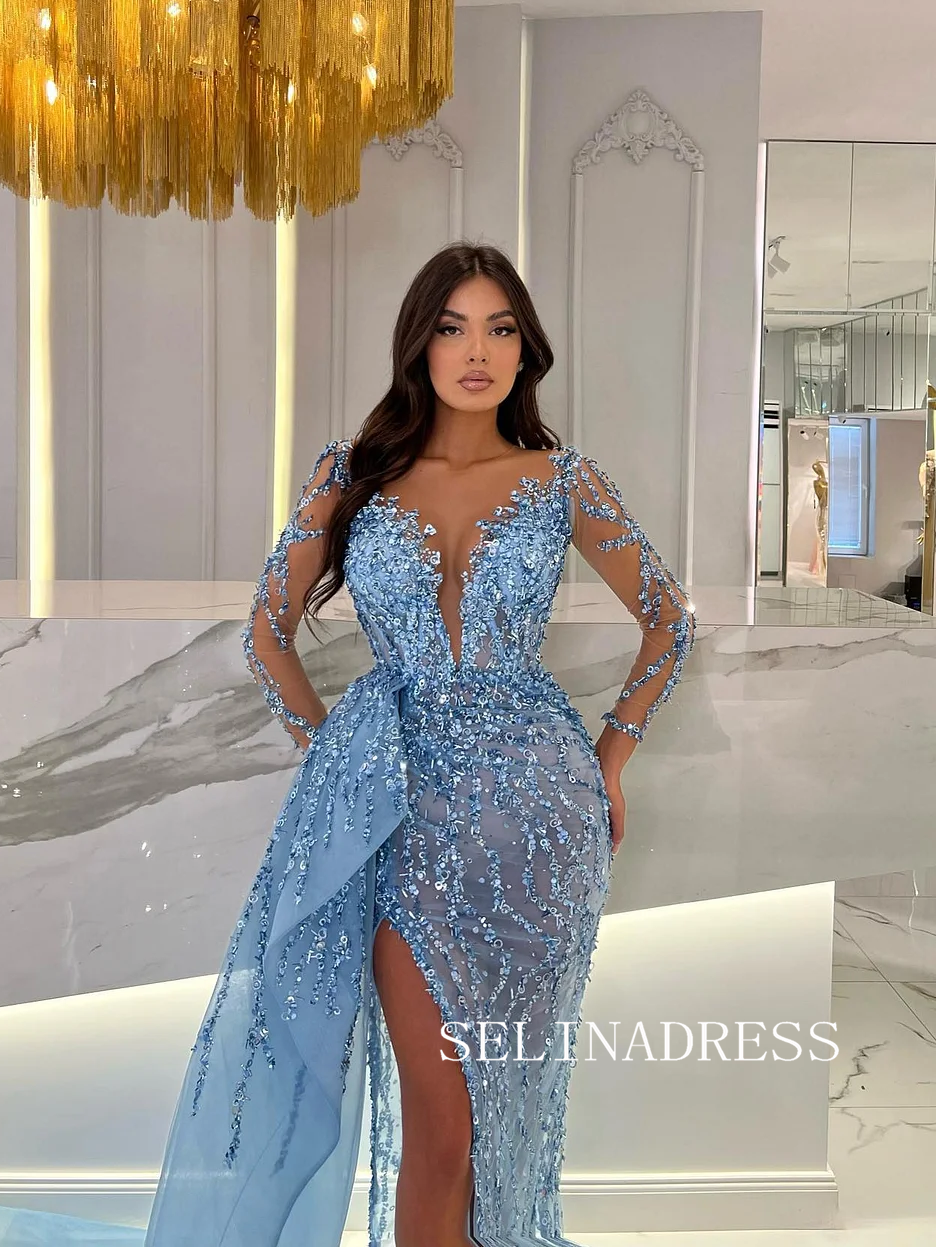 Luxury Beaded Light Sky Blue Evening Dresses Long Sleeve Thigh Split Formal  Dress TKH006|Selinadress