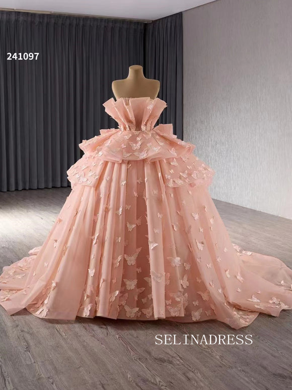 Luxury Flesh Pink Strapless Ball Gowns Long Formal Dresses With Butterfly Evening Dress 241097|Selinadress