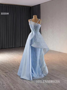 Luxury Light Sky Blue Straps Sequins Long Formal Dresses Evening Dress 222216|Selinadress