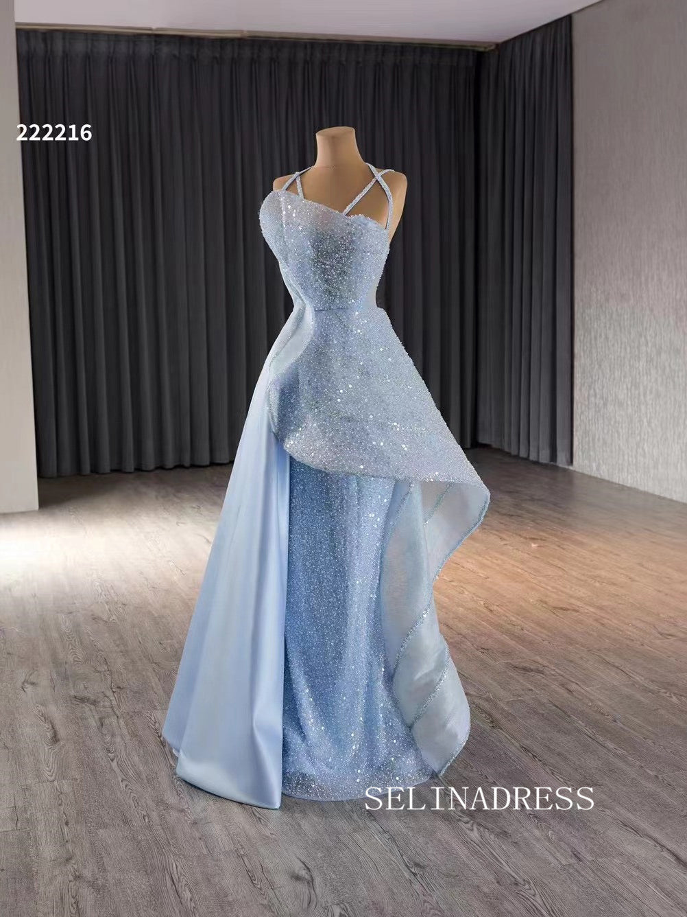 Luxury Light Sky Blue Straps Sequins Long Formal Dresses Evening Dress 222216