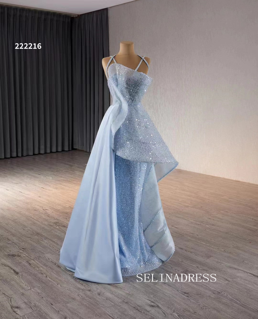 Luxury Light Sky Blue Straps Sequins Long Formal Dresses Evening Dress 222216