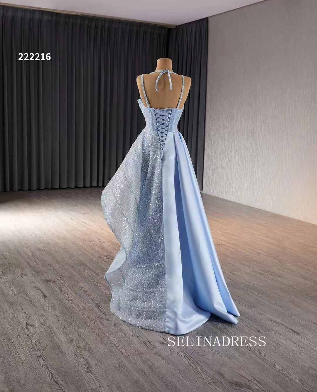 Luxury Light Sky Blue Straps Sequins Long Formal Dresses Evening Dress 222216