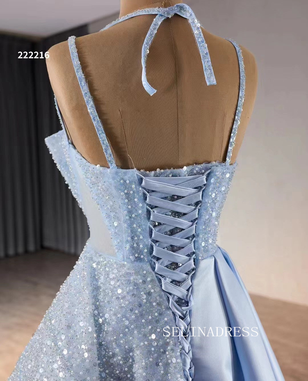 Luxury Light Sky Blue Straps Sequins Long Formal Dresses Evening Dress 222216