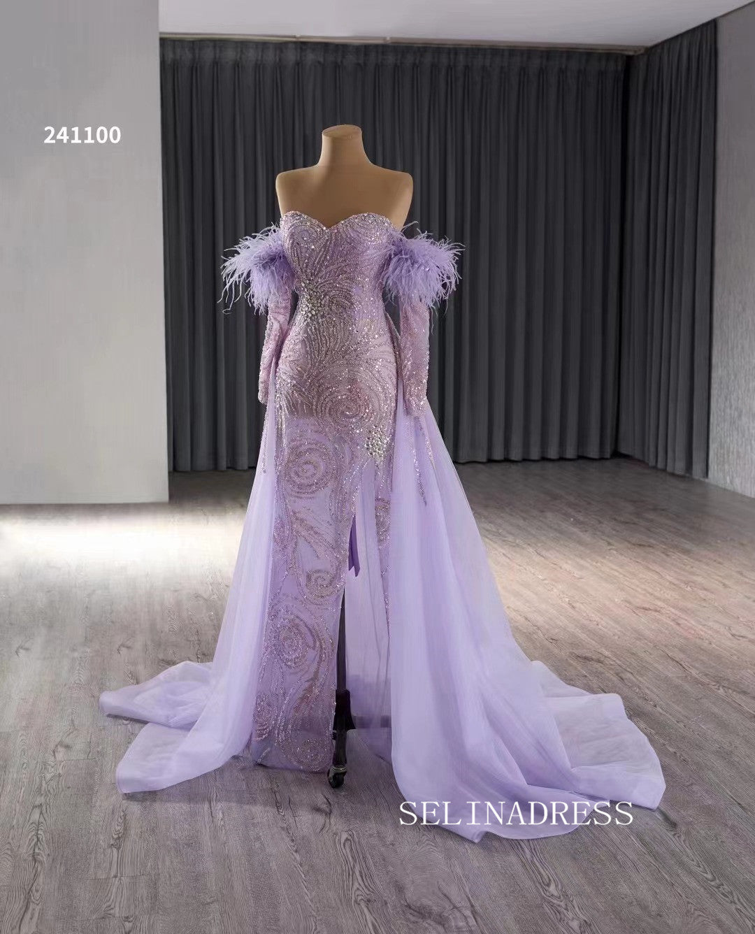 Luxury Lilac Mermaid Long Formal Dresses Sweetheart Evening Dress With Removable Sleeves 241100|Selinadress