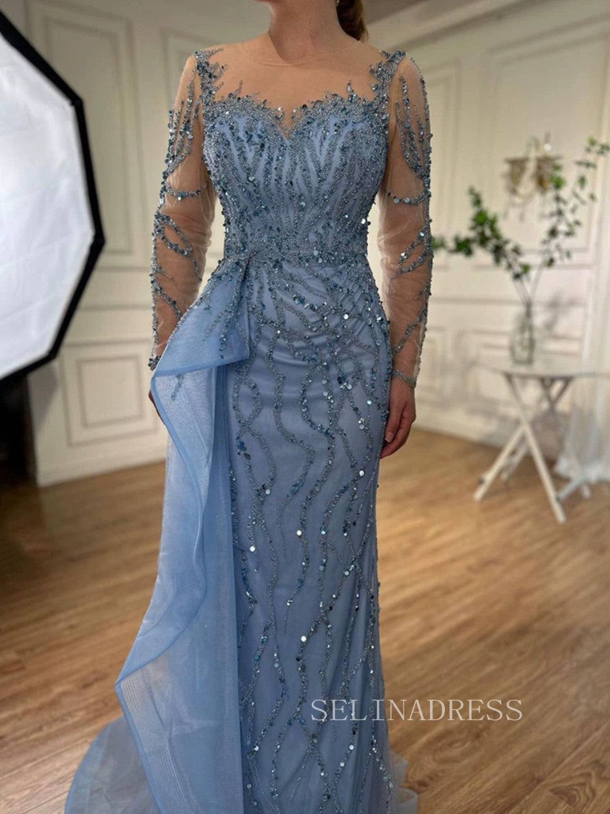 Luxury Mermaid Scoop Long Sleeve Evening Gowns Beaded Formal Dresses LA72044|Selinadress