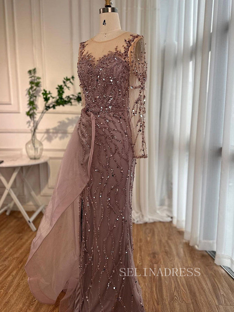 Luxury Mermaid Scoop Long Sleeve Evening Gowns Beaded Formal Dresses LA72044|Selinadress