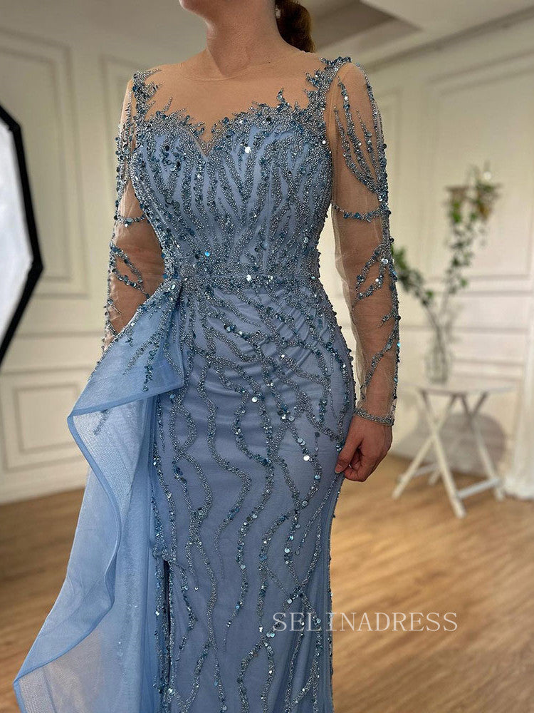 Luxury Mermaid Scoop Long Sleeve Evening Gowns Beaded Formal Dresses LA72044|Selinadress