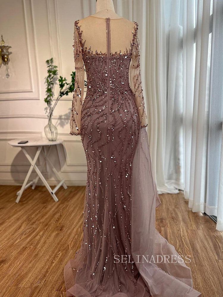 Luxury Mermaid Scoop Long Sleeve Evening Gowns Beaded Formal Dresses LA72044|Selinadress