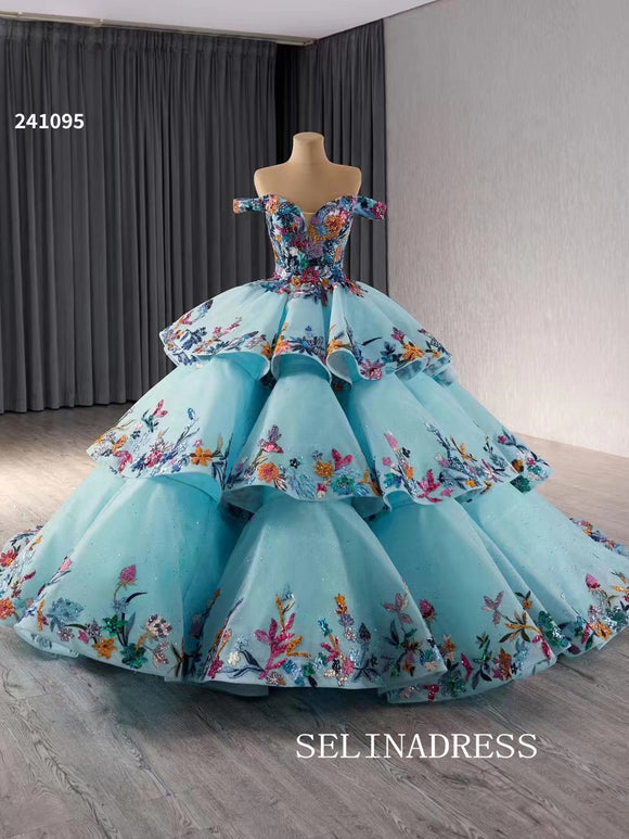 luxury Off-the-Shoulder Blue Quinceanera Dresses Embroidery Ball Gown Quinceañera Gown 241095|Selinadress