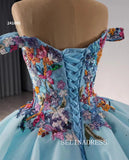 luxury Off-the-Shoulder Blue Quinceanera Dresses Embroidery Ball Gown Quinceañera Gown 241095|Selinadress