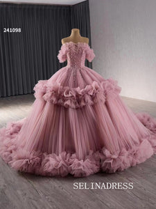 luxury Off-the-Shoulder Pink Quinceanera Dresses Beaded Ball Gown Quinceañera Gown 241098|Selinadress