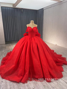 Luxury Red Ball Gown Wedding Dress Off-the-shoulder Beaded Long Formal Dresses Evening Dress 241075|Selinadress