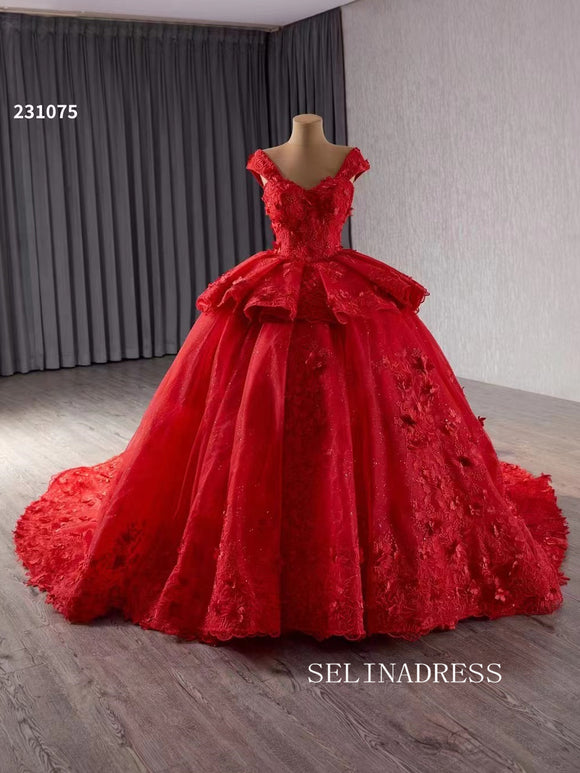 Luxury Red Straps Lace Appliques Ball Gowns Long Formal Dresses Evening Dress 231075|Selinadress