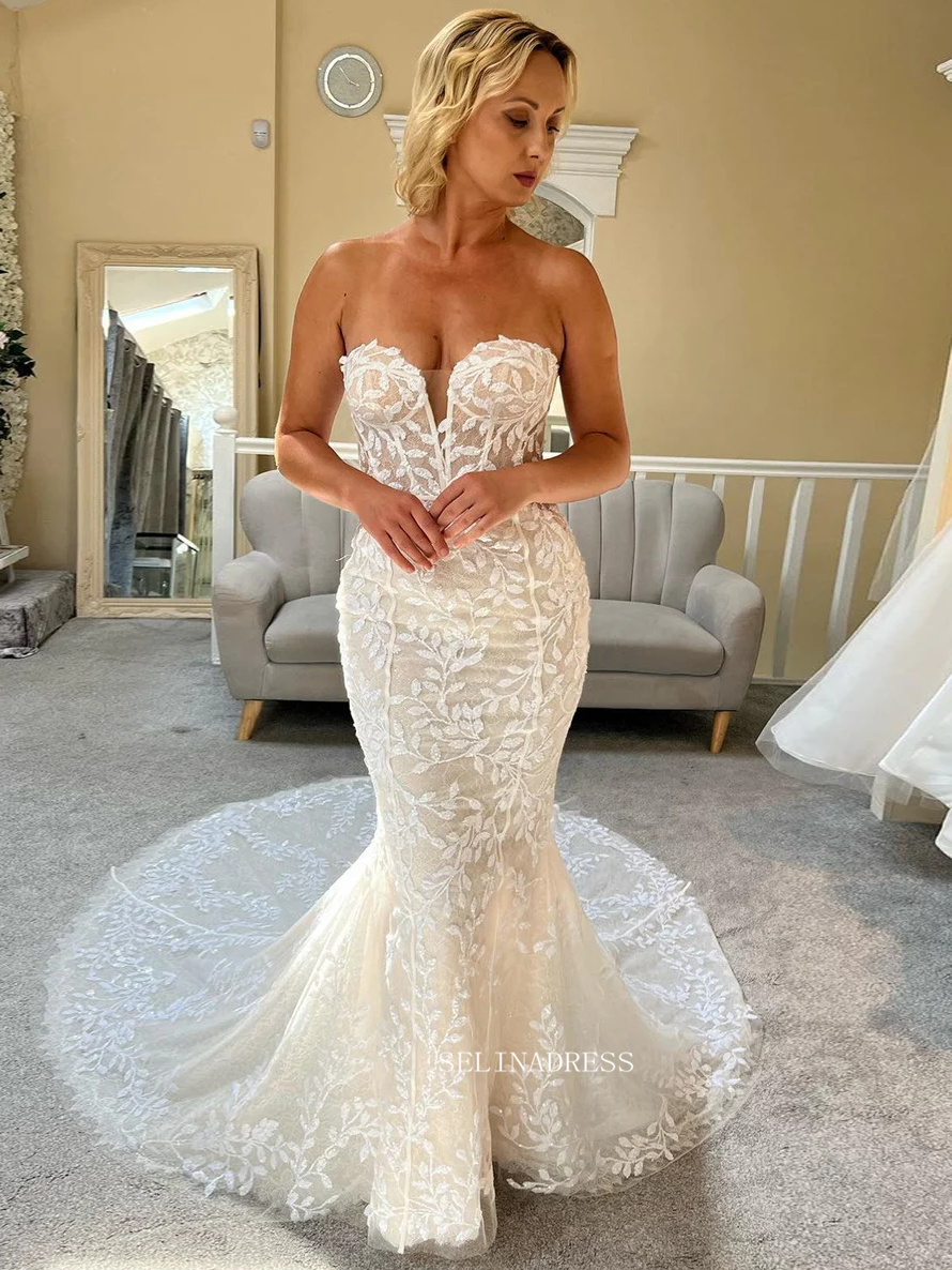 Mermaid Applique Lace Cheap Boho Wedding Dresses Bridal Dresses EWR907|Selinadress