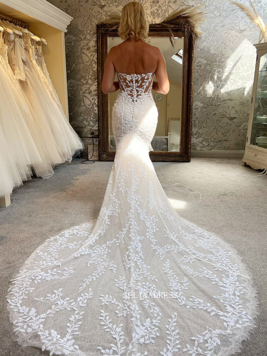 Mermaid Applique Lace Cheap Boho Wedding Dresses Bridal Dresses EWR907|Selinadress