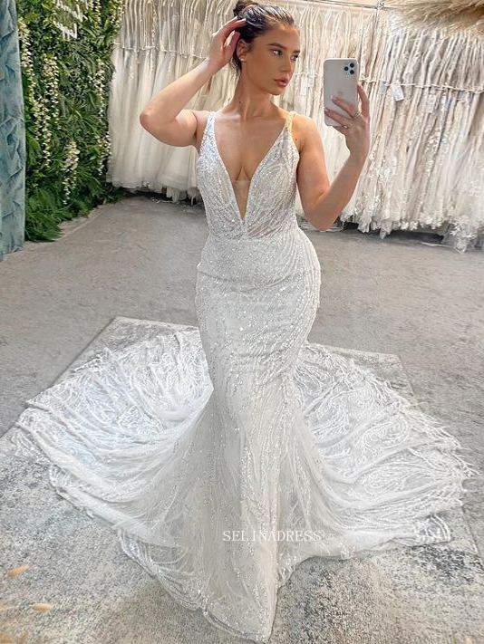 Mermaid Deep V neck Cheap Wedding Dresses Sparkly Bridal Dresses EWR905|Selinadress