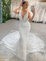 Mermaid Deep V neck Cheap Wedding Dresses Sparkly Bridal Dresses EWR905|Selinadress