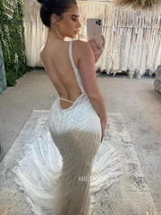 Mermaid Deep V neck Cheap Wedding Dresses Sparkly Bridal Dresses EWR905|Selinadress