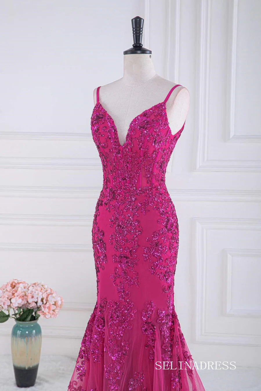 Mermaid Fuchsia V Neck Sequined Slip Long Prom Dress lps031|Selinadress