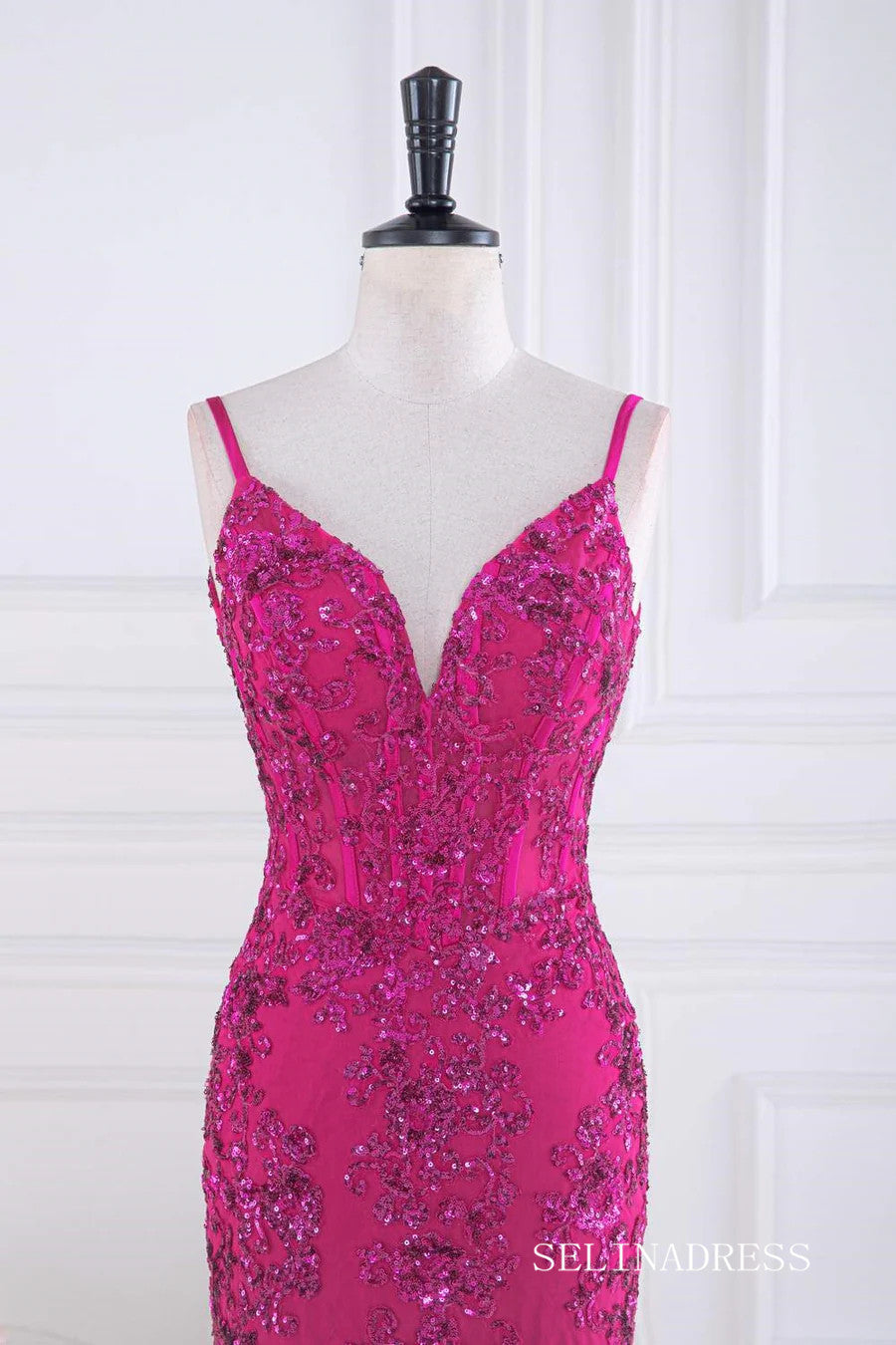 Mermaid Fuchsia V Neck Sequined Slip Long Prom Dress lps031|Selinadress