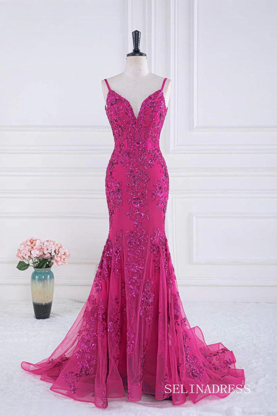 Mermaid Fuchsia V Neck Sequined Slip Long Prom Dress lps031|Selinadress