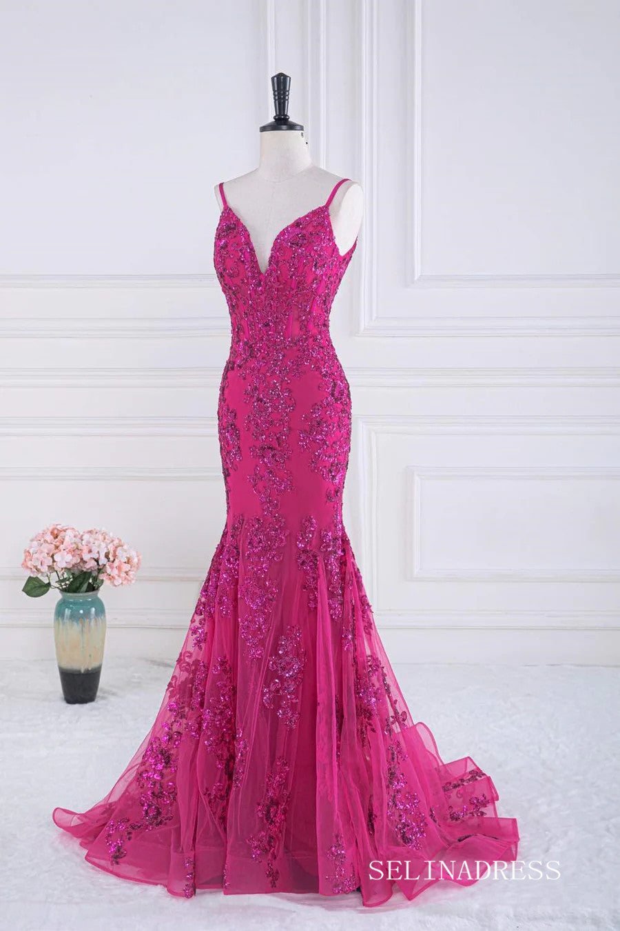 Mermaid Fuchsia V Neck Sequined Slip Long Prom Dress lps031|Selinadress