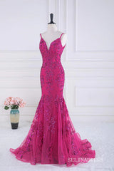 Mermaid Fuchsia V Neck Sequined Slip Long Prom Dress lps031|Selinadress