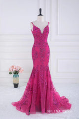 Mermaid Fuchsia V Neck Sequined Slip Long Prom Dress lps031|Selinadress