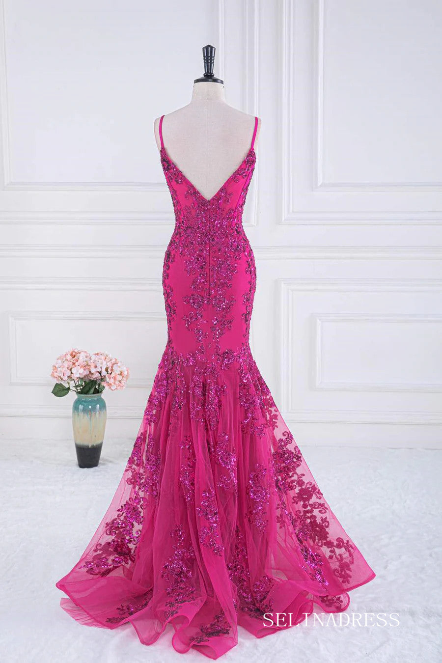 Mermaid Fuchsia V Neck Sequined Slip Long Prom Dress lps031|Selinadress