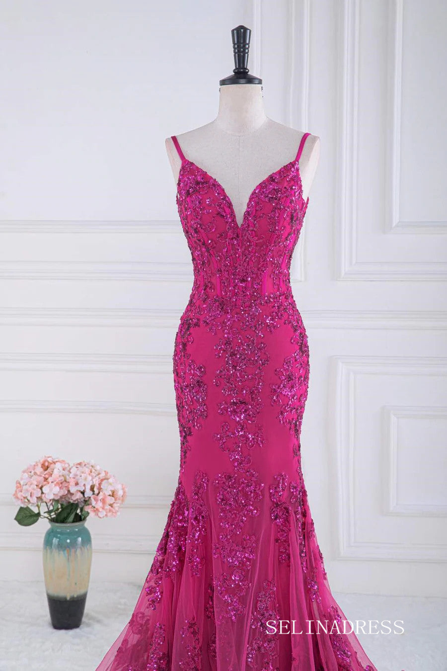 Mermaid Fuchsia V Neck Sequined Slip Long Prom Dress lps031|Selinadress