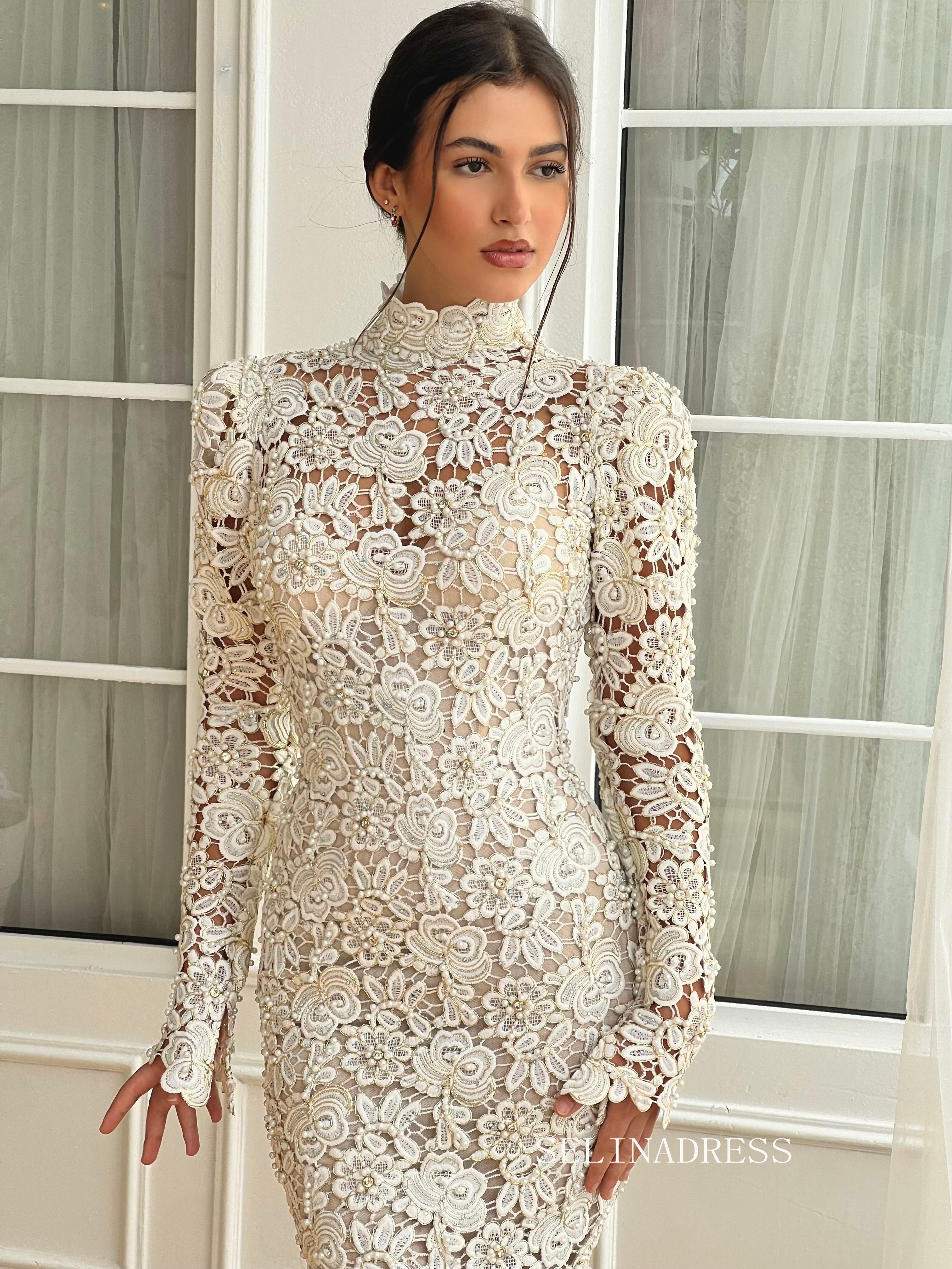 Mermaid High Neck Long Sleeve Wedding Dress Flower Lace Bridal Gowns JKL3121|Selinadress