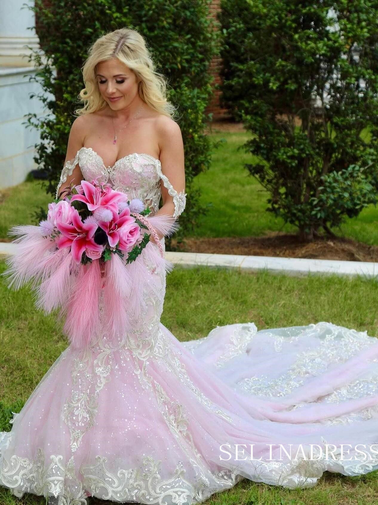 Mermaid Off-the-shoulder Pink Beaded Wedding Dress Bridal Gowns With Big Train TKL3044|Selinadress