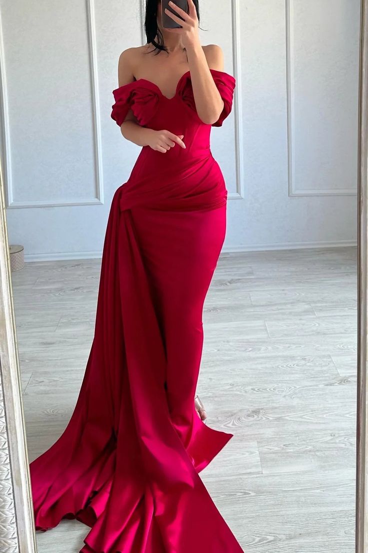 Mermaid Off-the-shoulder Red Long Prom Dress Cheap Evening Dresses With Train SED0043|Selinadress