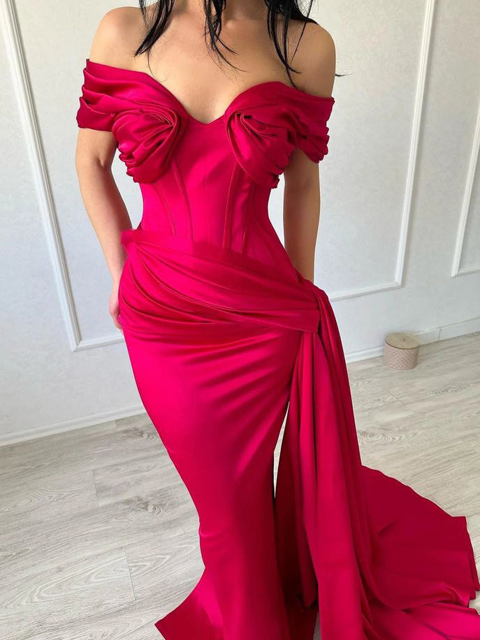 Mermaid Off-the-shoulder Red Long Prom Dress Cheap Evening Dresses With Train SED0043|Selinadress