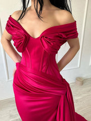 Mermaid Off-the-shoulder Red Long Prom Dress Cheap Evening Dresses With Train SED0043|Selinadress