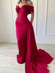 Mermaid Off-the-shoulder Red Long Prom Dress Cheap Evening Dresses With Train SED0043|Selinadress