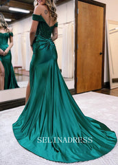 Mermaid Off the Shoulder Satin Prom Dress with Slit SED0050|Selinadress