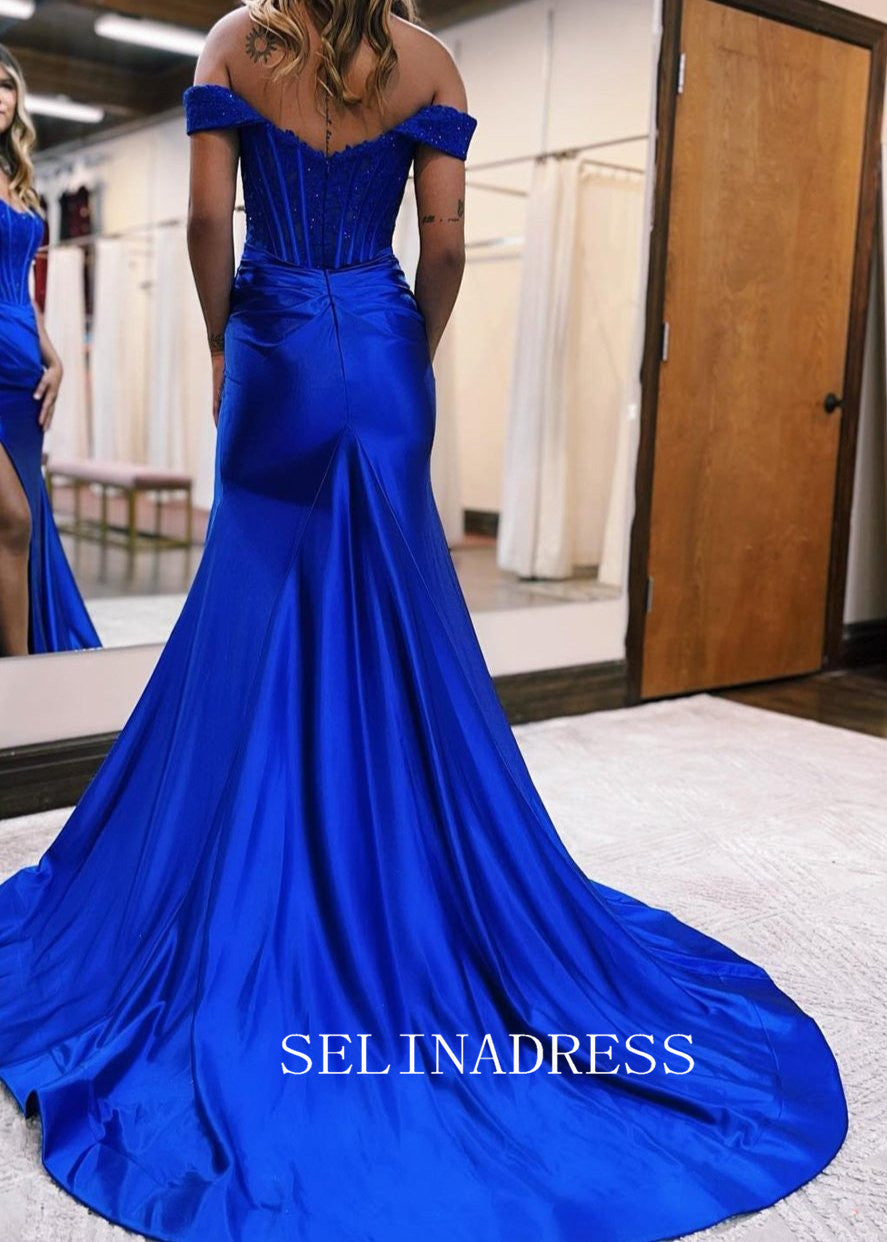 Mermaid Off the Shoulder Satin Prom Dress with Slit SED0050|Selinadress