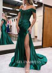 Mermaid Off the Shoulder Satin Prom Dress with Slit SED0050|Selinadress