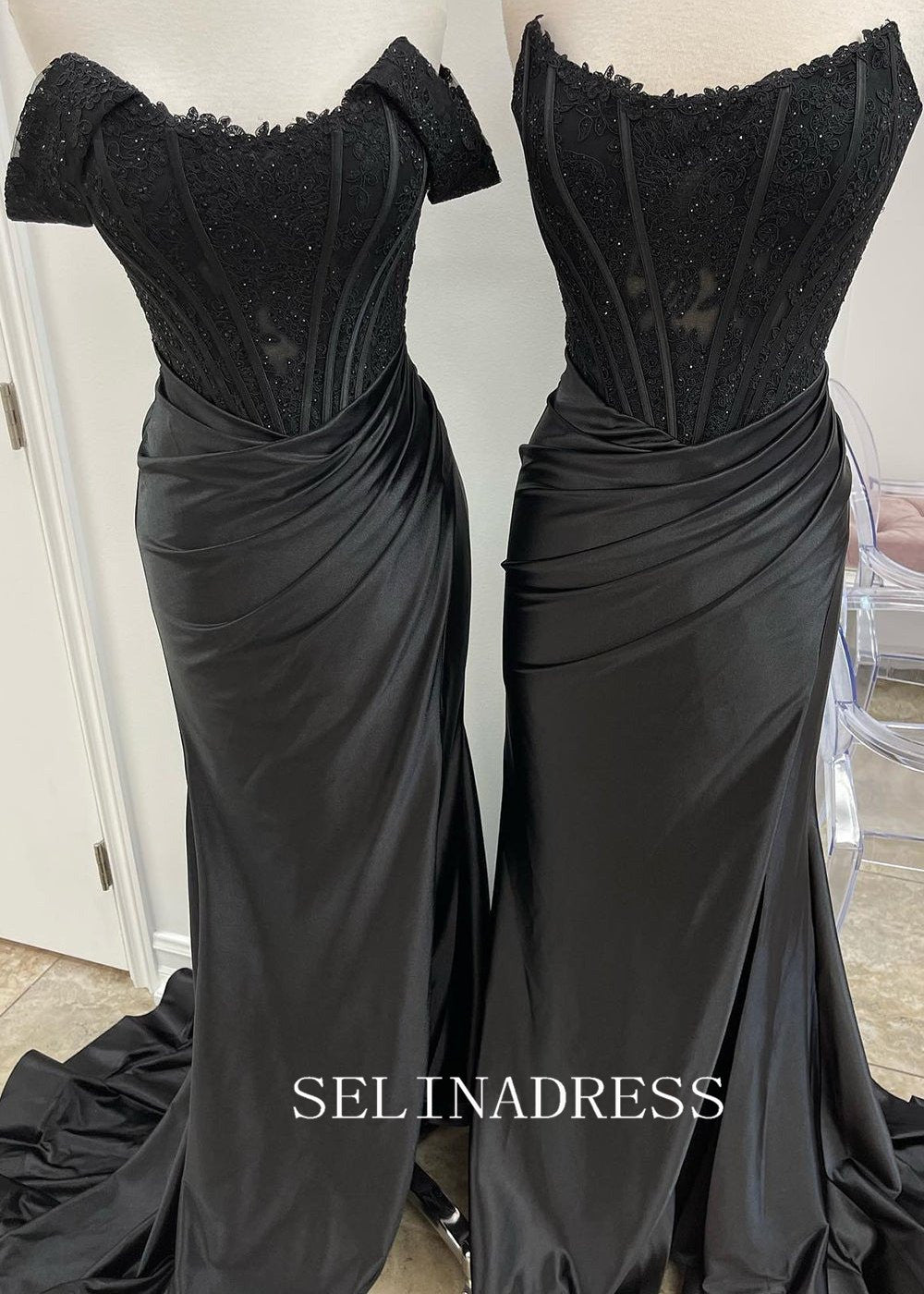 Mermaid Off the Shoulder Satin Prom Dress with Slit SED0050|Selinadress