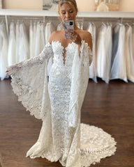 Vintage Mermaid Long Sleeve White Lace Wedding Dress With Sweep Train EWR400|Selinadress